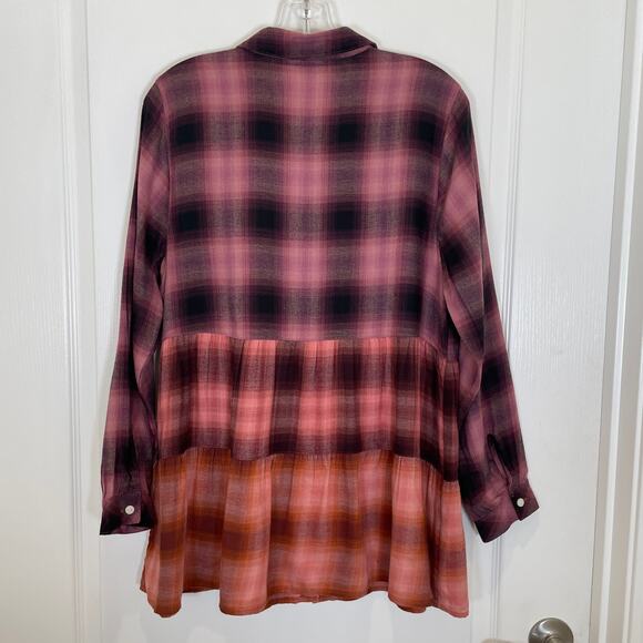 J. Jill Ombre Plaid Tiered Tunic Shirt Pink Coral Black Cotton Modal NWT MP - Picture 6 of 6
